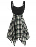 Lace Up Plaid Handkerchief Flare Dress