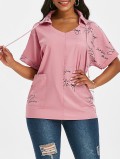 Letter Graphic Drawstring Front Pocket Top