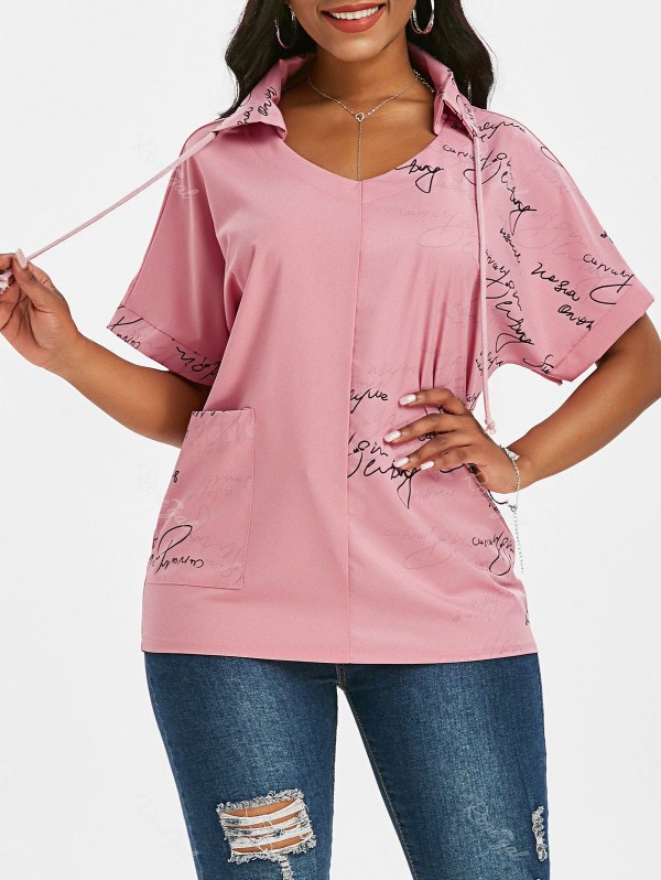 Letter Graphic Drawstring Front Pocket Top