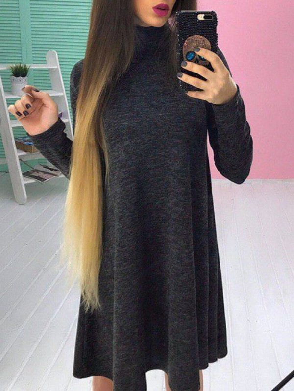 Long Sleeve High Neck A-line Dress