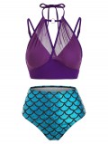 Mesh Overlay Mermaid O Ring Tankini Swimwear