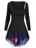 Mock Button Asymmetrical Neck T-shirt With Galaxy Camisole