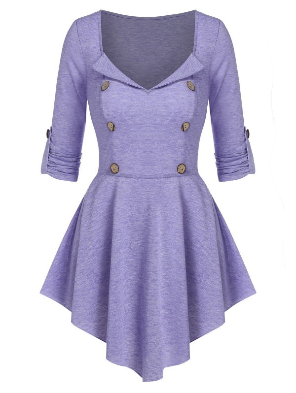 Mock Button Pointed Hem Heathered T-shirt