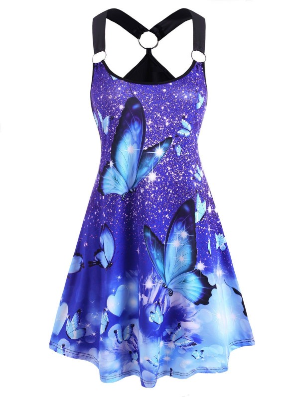O Ring Butterfly Print Tank Dress