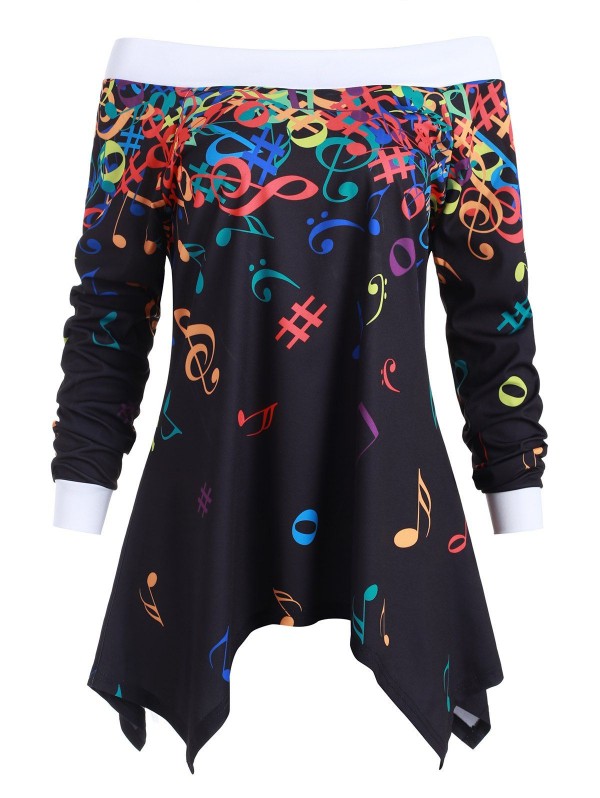 Off Shoulder Musical Note Asymmetric Sweatshirt