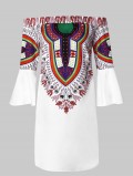 Off The Shoulder Flare Sleeve Ethnic Print Dress
