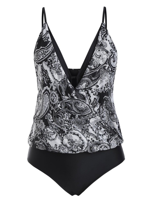 Paisley Printed Surplice Mesh Panel One-piece Swimsuit