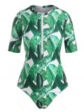 Palm Leaf Print Short Sleeve One-piece Swimsuit