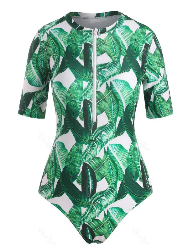 Palm Leaf Print Short Sleeve One-piece Swimsuit