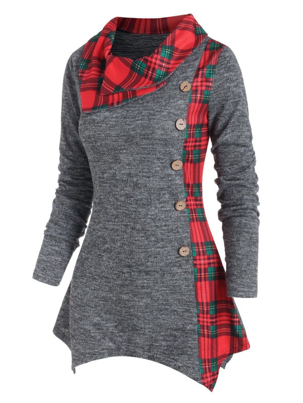 Plaid Insert Heather Mock Button Handkerchief Knitwear