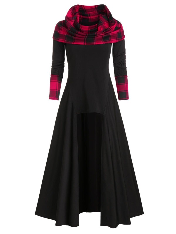 Plaid Print Convertible High Low Long T-shirt