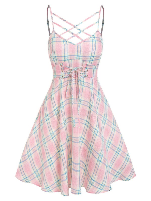 Plaid Print Criss-cross Lace-up Cami Dress