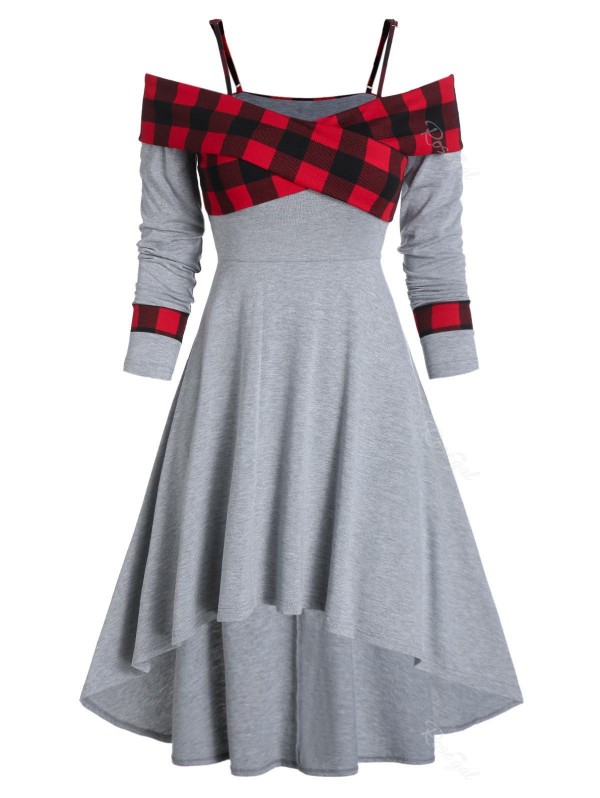 Plaid Print Crossover Open Shoulder High Low Dress