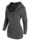 Plaid Print Hooded Half Button Heathered Sweater