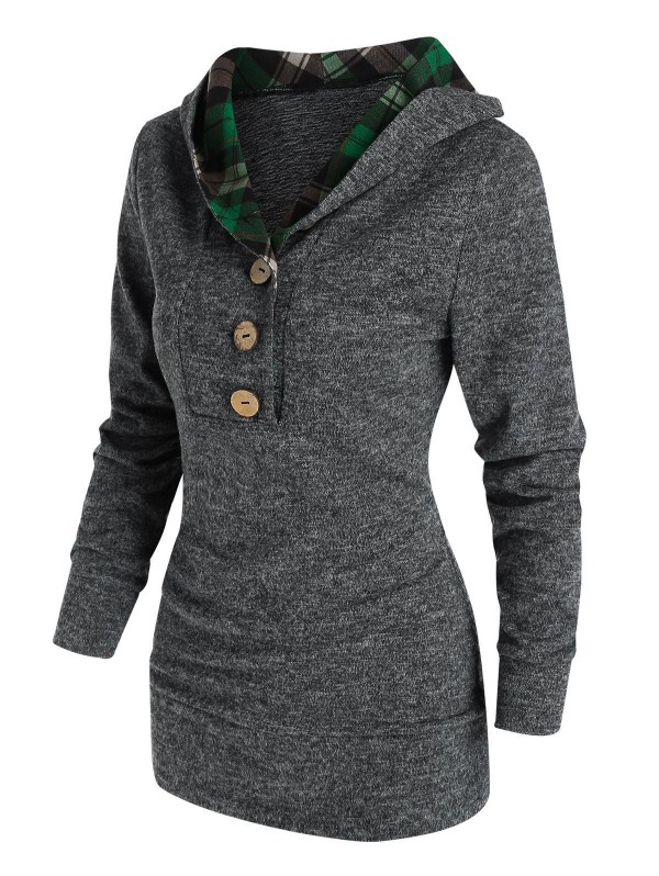 Plaid Print Hooded Half Button Heathered Sweater