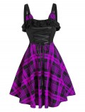 Plaid Print Lace-up Sleeveless Cat Ear Dress