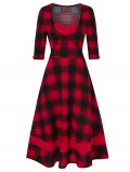 Plaid Print Sweetheart Neck Midi Vintage Flare Dress