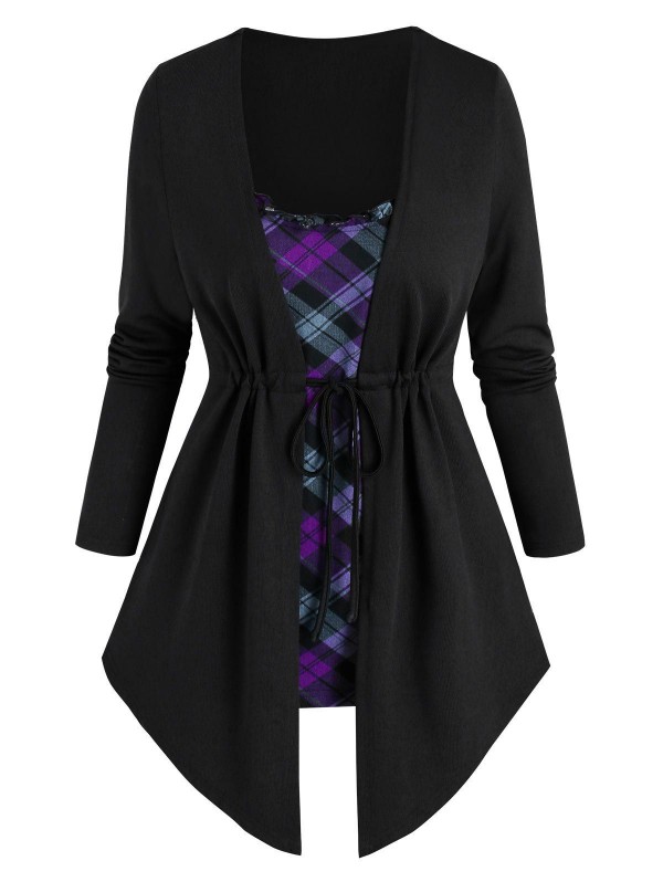 Plaid Print Toggle Drawstring Faux Twinset Sweater