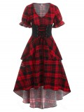 Plaid Print V Neck Layered High Low Dress