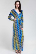 Plunge Long Sleeve Printed Maxi Dress