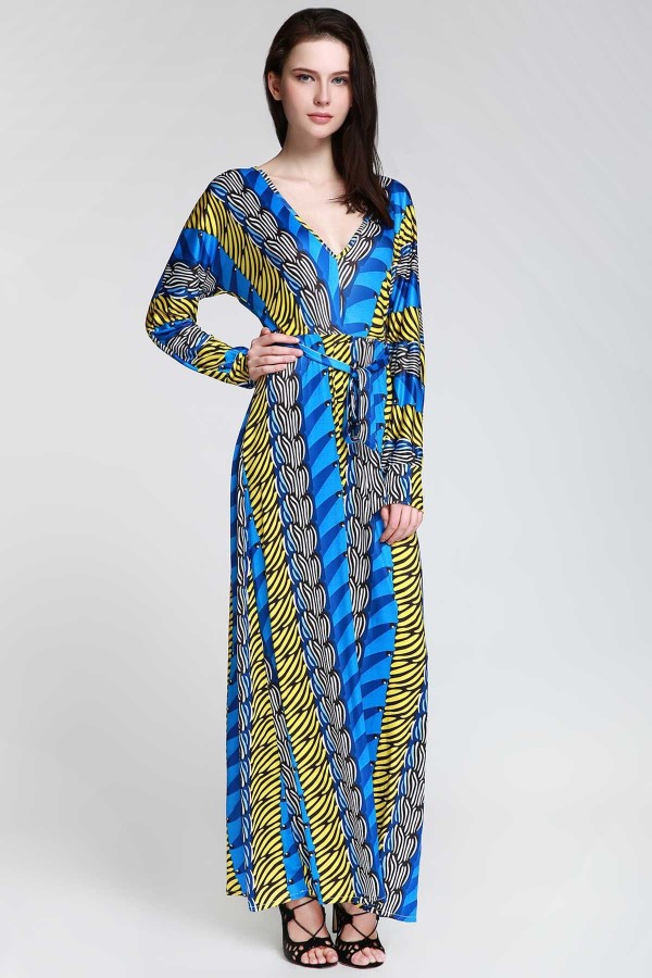 Plunge Long Sleeve Printed Maxi Dress