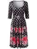 Polka Dot Floral Print Mid Calf Dress