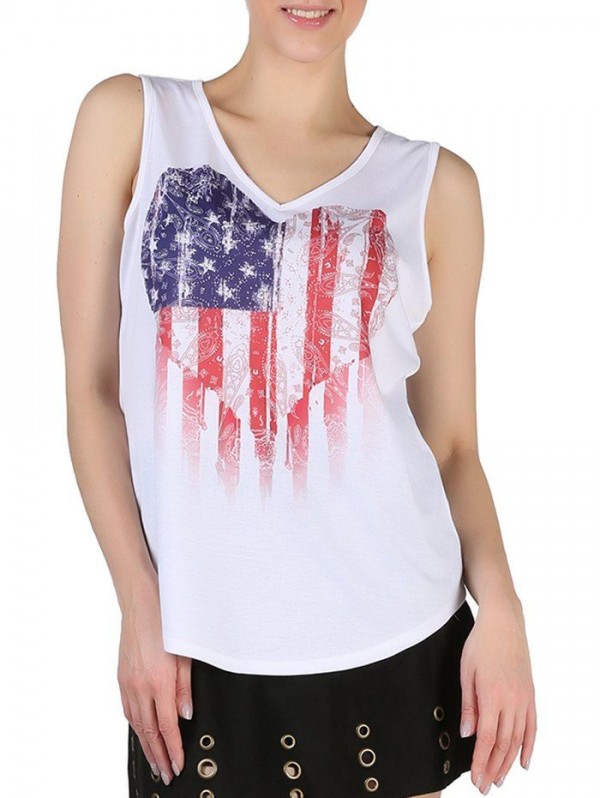 Queensfield American Flag Print V Neck Tank Top