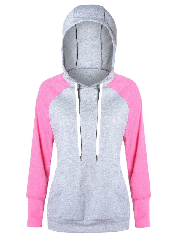 Raglan Sleeve Two Tone Drawstring Hoodie