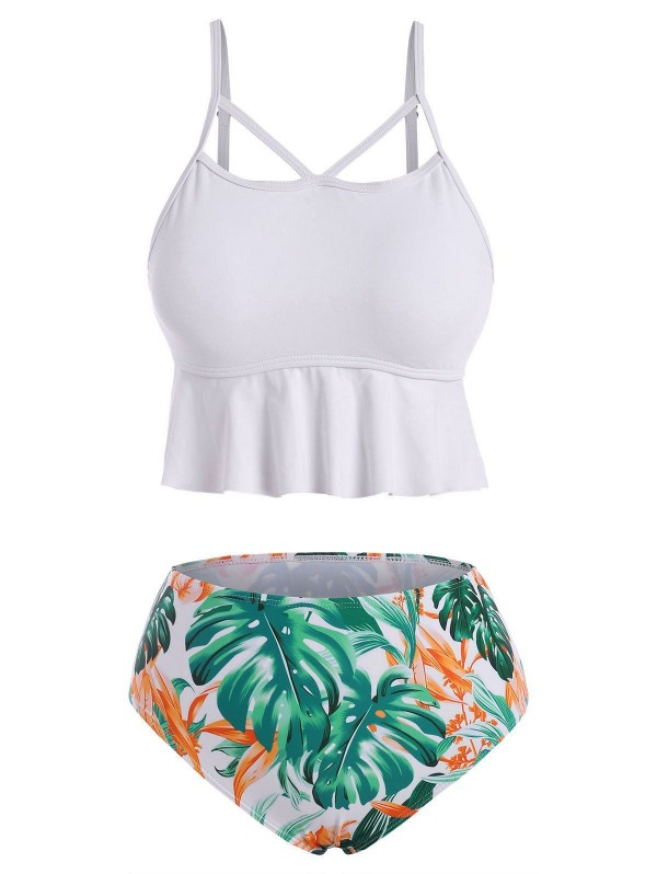Ruffle Tropical Palm Leaf Tankini Swimwear