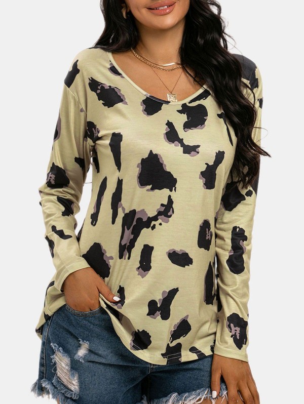 Scoop Neck Leopard Long Sleeve T-shirt