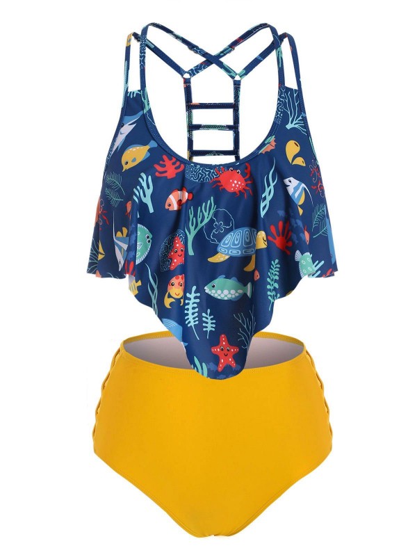 Sea Creatures Cutout Overlay Tankini Swimwear