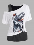 Skew Neck Dinosaur Print T Shirt With Basic Tank Top