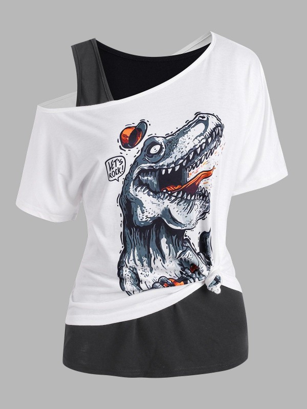 Skew Neck Dinosaur Print T Shirt With Basic Tank Top