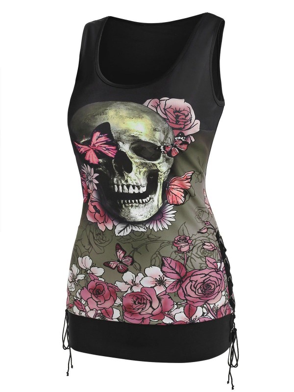 Skull Butterfly Printed Blouson Tank Top