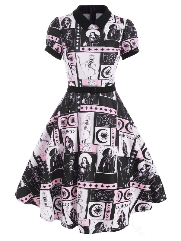 Skull Sun Moon Star Print Belted Dress