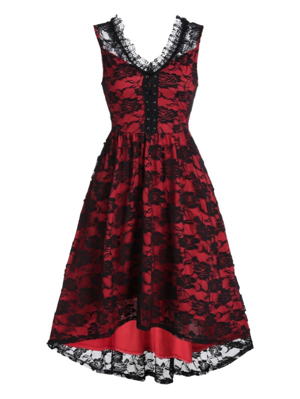 Sleeveless Lace-up Flower Lace High Low Cocktail Dress