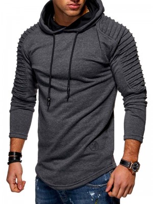Solid Color Pleated Sleeve Long Fleece Hoodie