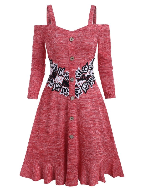 Space Dye Print Cold Shoulder Flower Lace Panel Dress