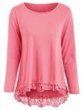 Stylish Lace Spliced Hem Long Sleeve T-shirt For Women