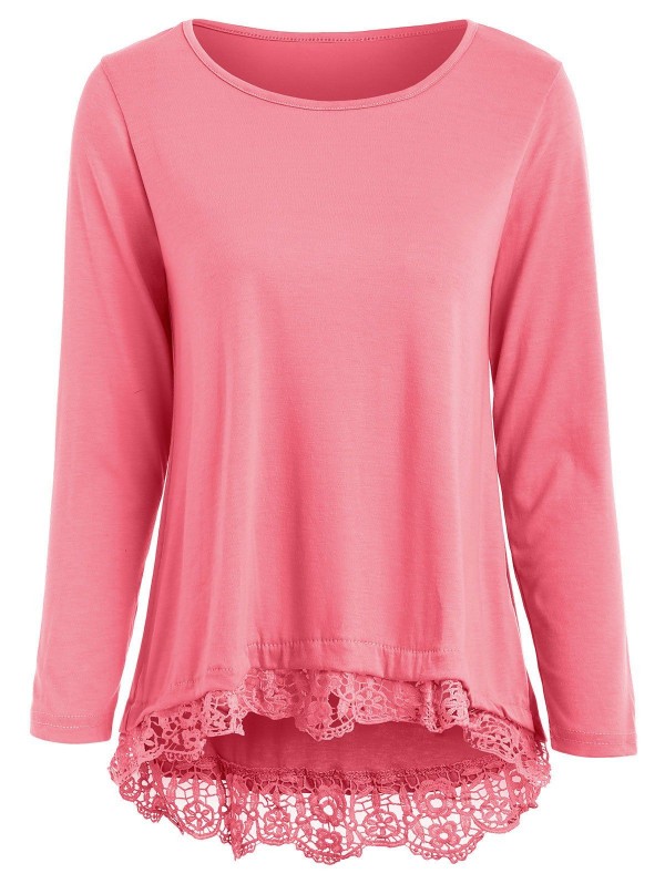 Stylish Lace Spliced Hem Long Sleeve T-shirt For Women