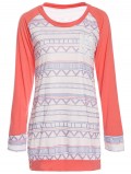 Stylish Round Neck Long Sleeve Printed Pocket Design Women's T-shirt