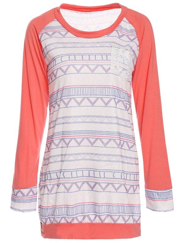 Stylish Round Neck Long Sleeve Printed Pocket Design Women's T-shirt