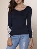 Stylish Women's Scoop Neck Long Sleeve Lace Embellished T-shirt