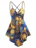 Sun Moon Stars Print Criss-cross Tank Top