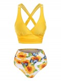 Sunflower Butterfly Print Ruched Padded Bikini Set