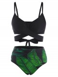 Tropical Leaf Criss Cross Tummy Control Bikini Swimwear
