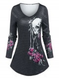 V Neck Skull Flowers Print T-shirt