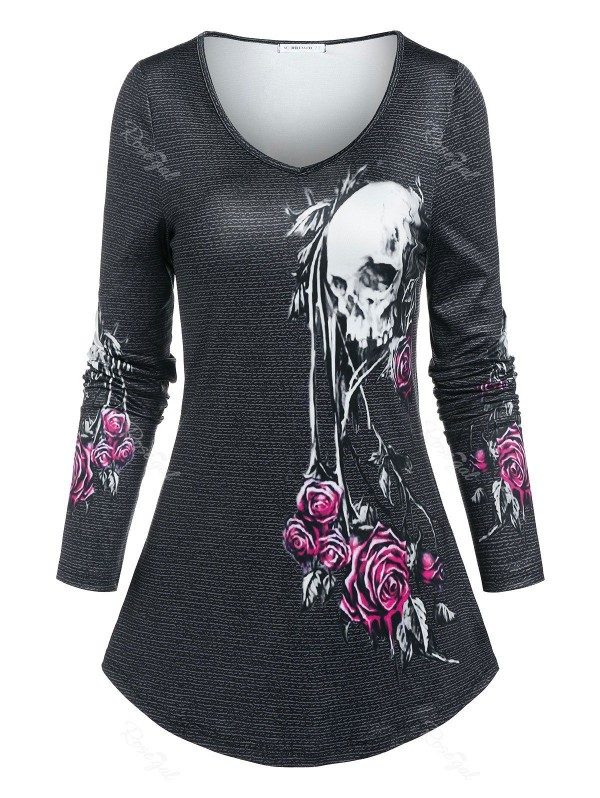 V Neck Skull Flowers Print T-shirt