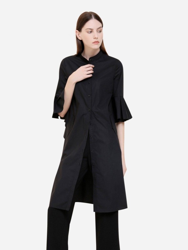 Zan.style Button Front Knee Length Ruffed Sleeve Dress